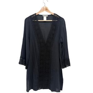 La Blanca Black Crochet Lace Swim Cover Up Tunic Sheer Beach Size S